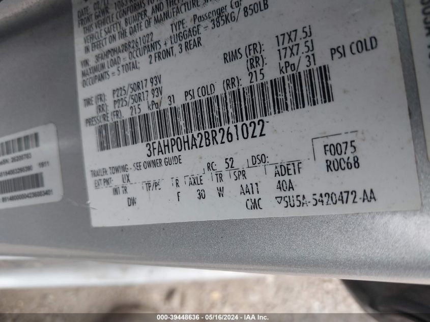 2011 Ford Fusion Se VIN: 3FAHP0HA2BR261022 Lot: 39448636