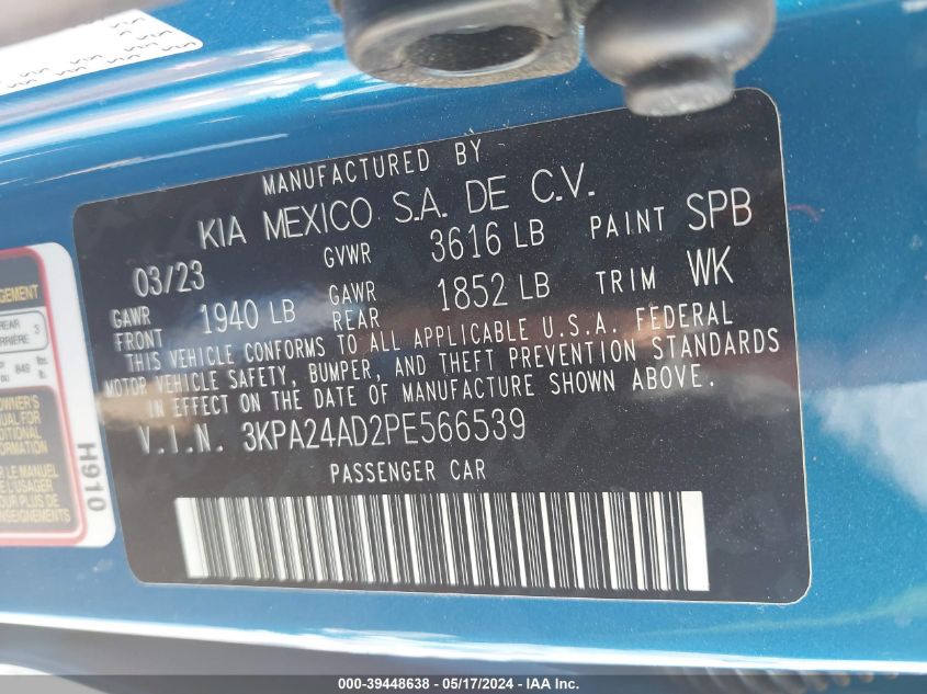 2023 Kia Rio S VIN: 3KPA24AD2PE566539 Lot: 39448638