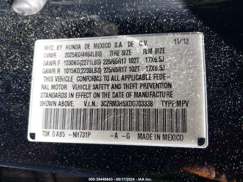 2013 Honda Cr-V Ex VIN: 3CZRM3H5XDG703338 Lot: 39448643