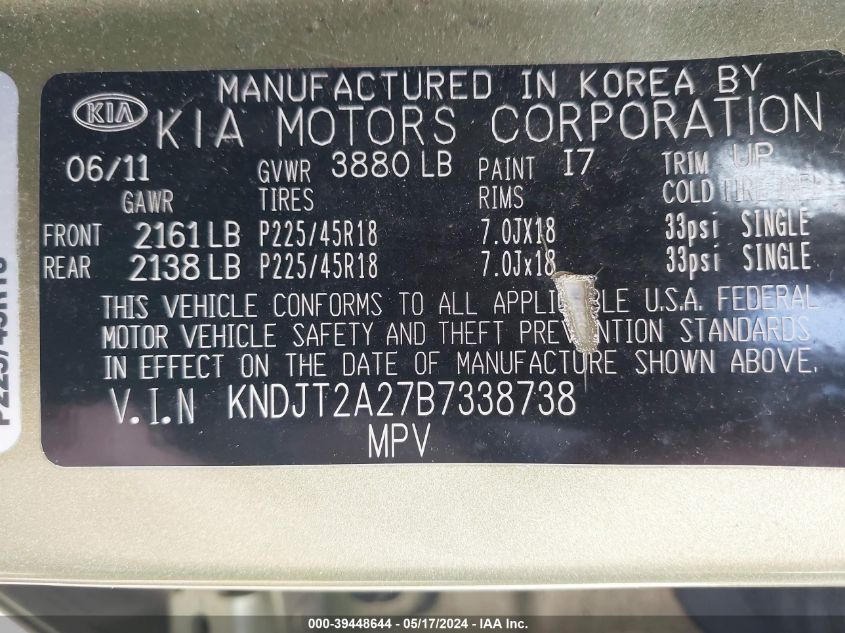 2011 Kia Soul ! VIN: KNDJT2A27B7338738 Lot: 39448644