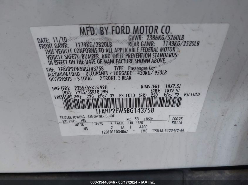 2011 Ford Taurus Sel VIN: 1FAHP2EW5BG143758 Lot: 39448646