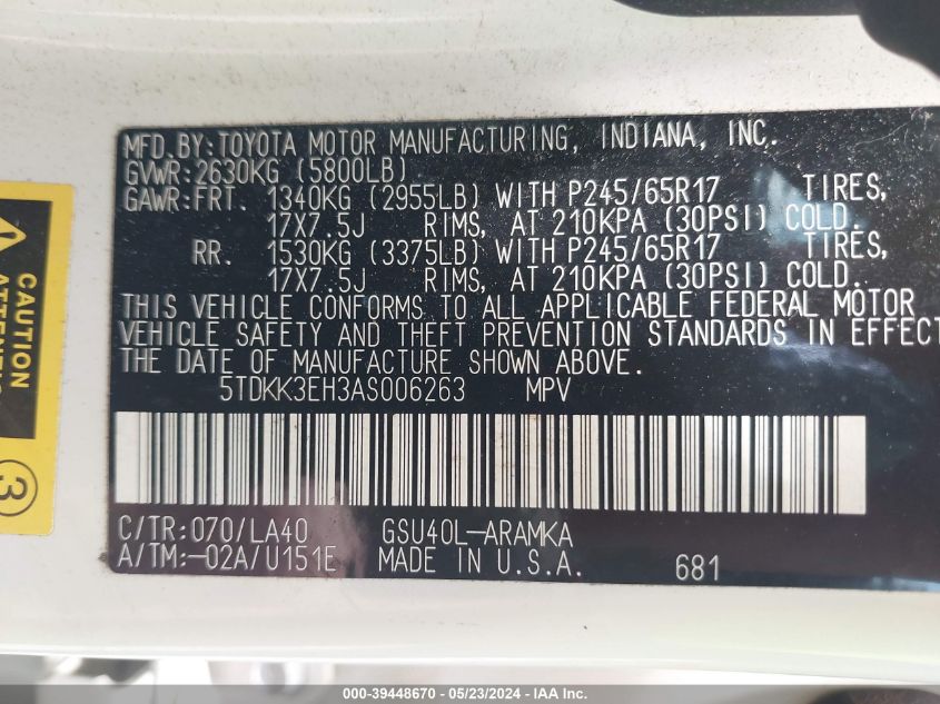 2010 Toyota Highlander Se V6 VIN: 5TDKK3EH3AS006263 Lot: 39448670