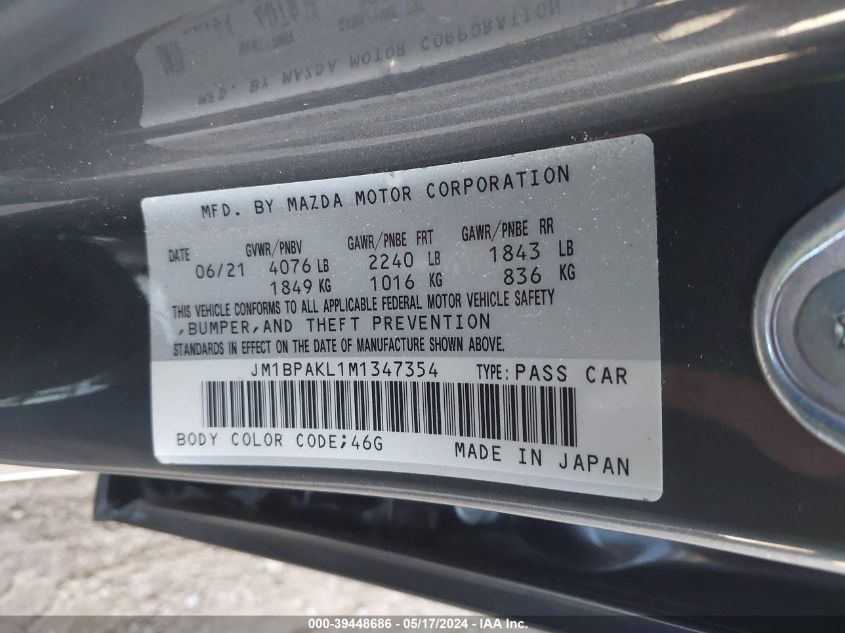 2021 Mazda Mazda3 Select VIN: JM1BPAKL1M1347354 Lot: 39448686