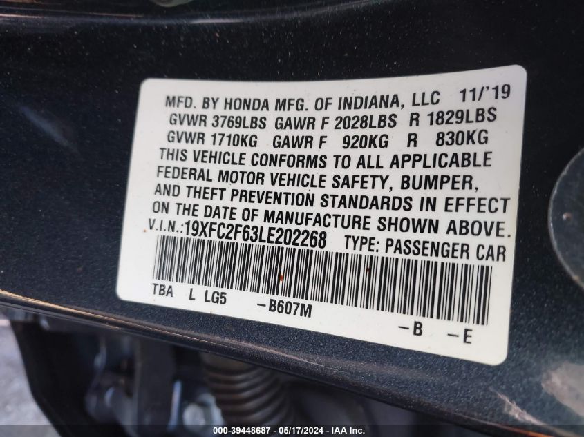 2020 Honda Civic Lx VIN: 19XFC2F63LE202268 Lot: 39448687