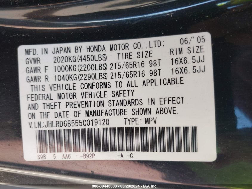 2005 Honda Cr-V Lx VIN: JHLRD68555C019201 Lot: 39448688