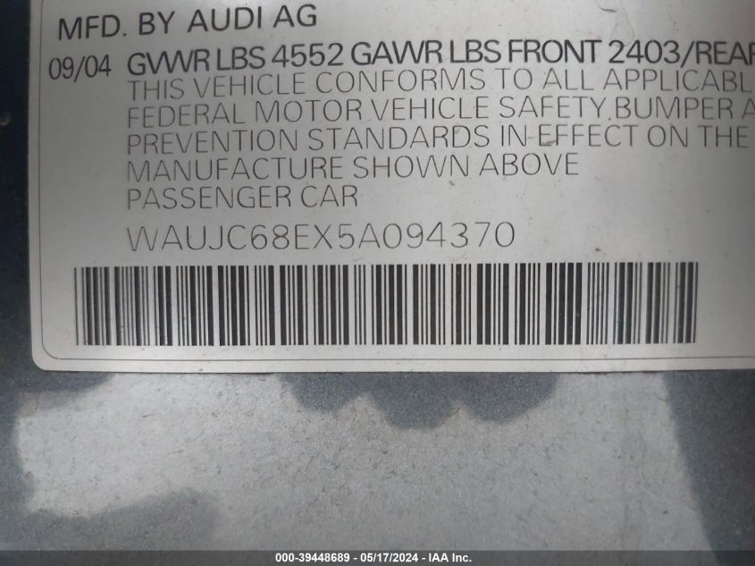 2005 Audi A4 1.8T Special Edition VIN: WAUJC68EX5A094370 Lot: 39448689
