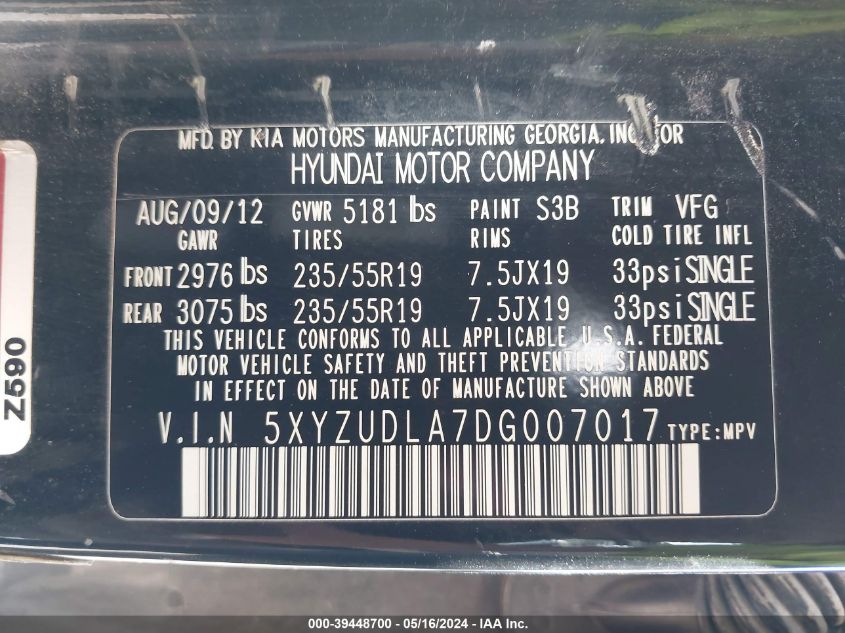 2013 Hyundai Santa Fe Sport 2.0T VIN: 5XYZUDLA7DG007017 Lot: 39448700