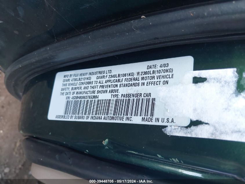 2003 Subaru Outback H6-3.0 L.l. Bean Edition VIN: 4S3BH806637653884 Lot: 39448705