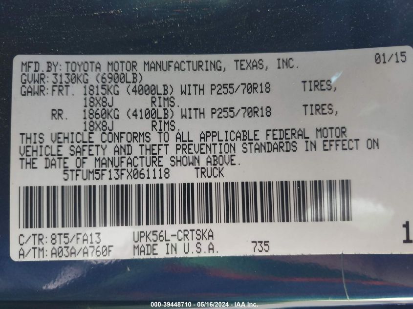 5TFUM5F13FX061118 2015 Toyota Tundra Sr 4.6L V8