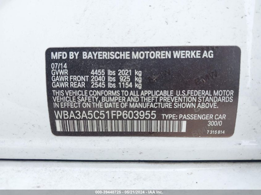 2015 BMW 328I VIN: WBA3A5C51FP603955 Lot: 39448725