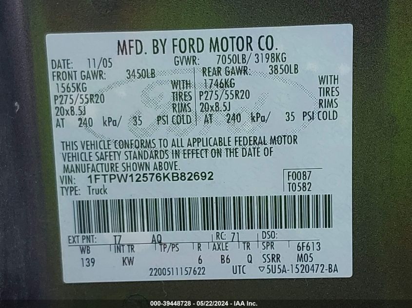 2006 Ford F-150 Lariat/Xlt VIN: 1FTPW12576KB82692 Lot: 39448728