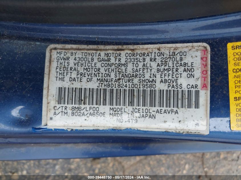 2001 Lexus Is 300 Base (A5) VIN: JTHBD182410019580 Lot: 39448750