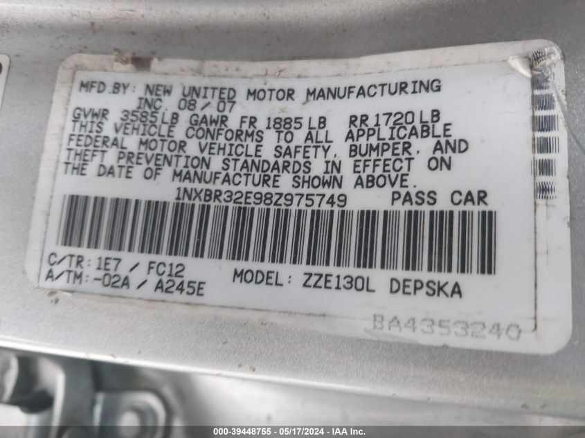 2008 Toyota Corolla S VIN: 1NXBR32E98Z975749 Lot: 39448755