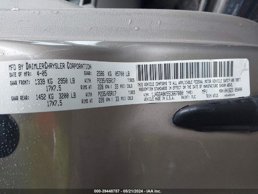 2005 Jeep Grand Cherokee Laredo/Columbia/Freedom VIN: 1J4GS48K55C667880 Lot: 39448757