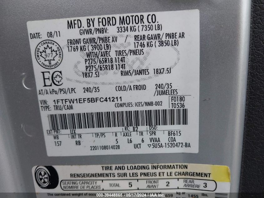 2011 Ford F-150 Fx4 VIN: 1FTFW1EF5BFC41211 Lot: 39448865