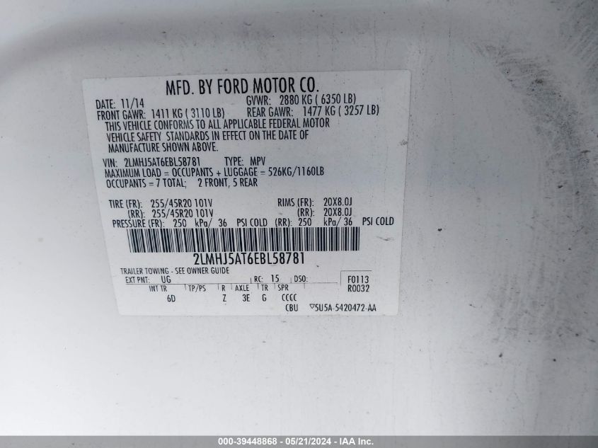 2014 Lincoln Mkt Ecoboost VIN: 2LMHJ5AT6EBL58781 Lot: 39448868