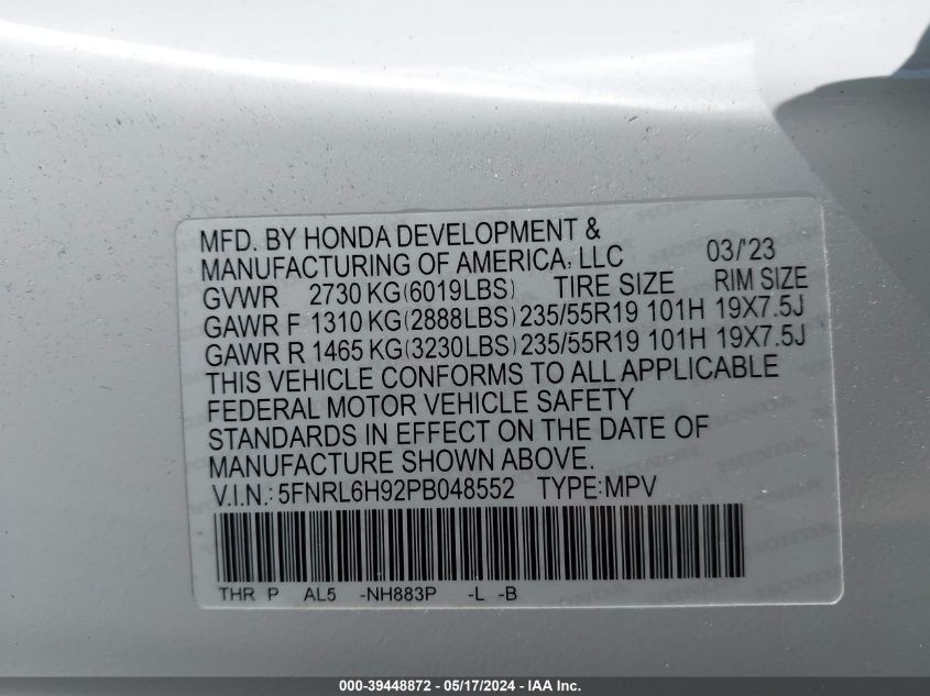 2023 Honda Odyssey Elite VIN: 5FNRL6H92PB048552 Lot: 39448872