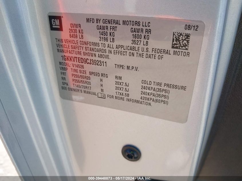 2012 GMC Acadia Denali VIN: 1GKKVTED9CJ392311 Lot: 39448873
