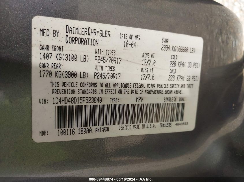 2005 Dodge Durango Slt VIN: 1D4HD48D15F523640 Lot: 39448874