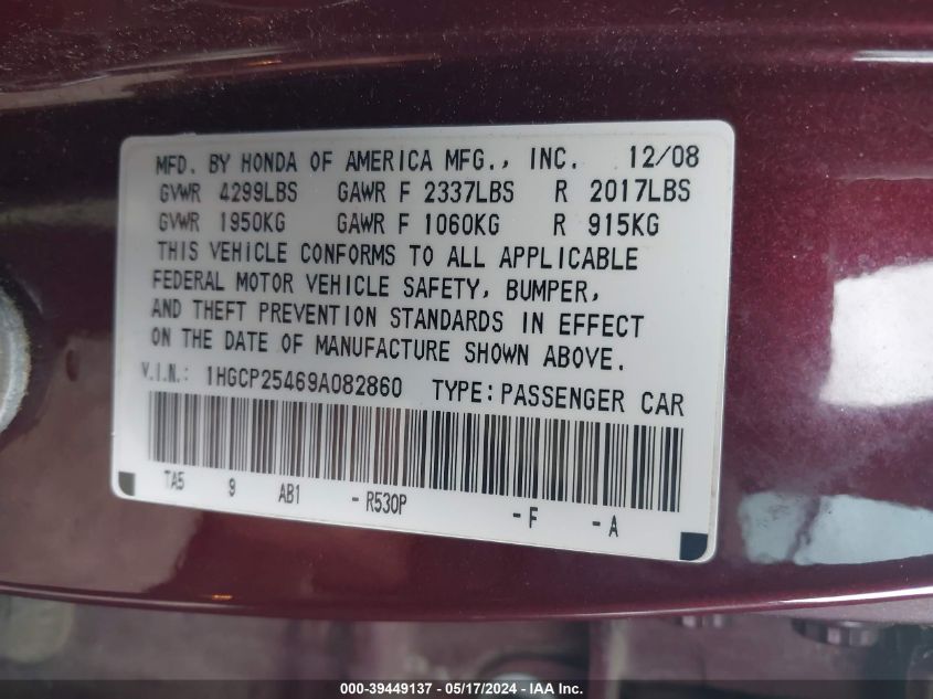 2009 Honda Accord 2.4 Lx-P VIN: 1HGCP25469A082860 Lot: 39449137