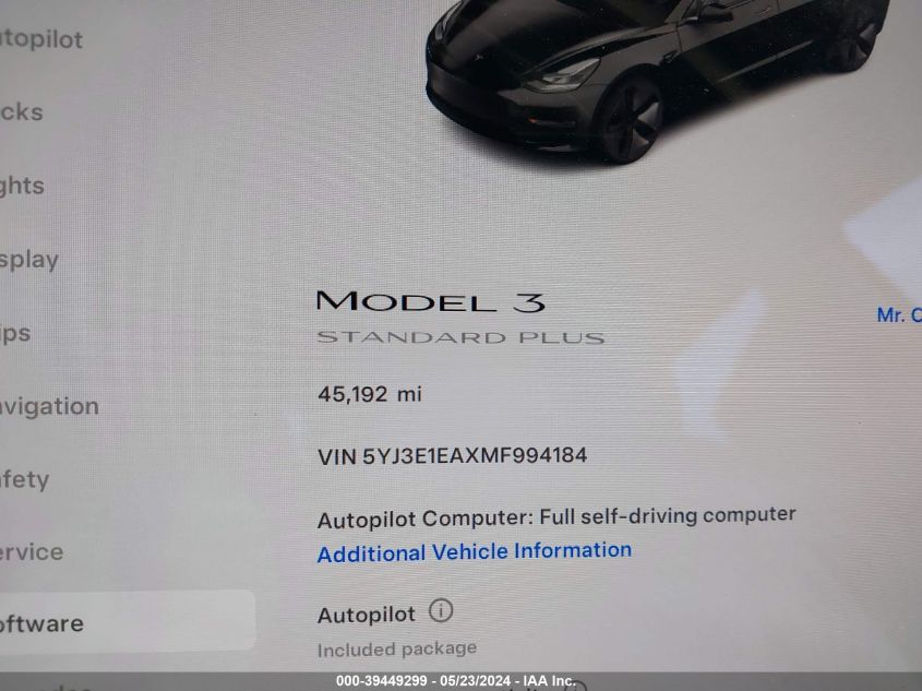 2021 Tesla Model 3 Standard Range Plus Rear-Wheel Drive VIN: 5YJ3E1EAXMF994184 Lot: 39449299