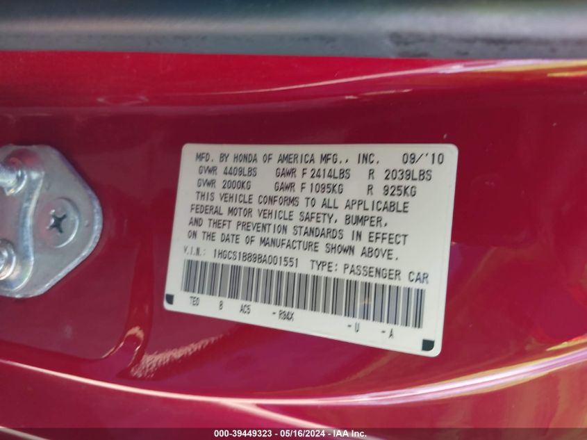 2011 Honda Accord 2.4 Ex-L VIN: 1HGCS1B89BA001551 Lot: 39449323