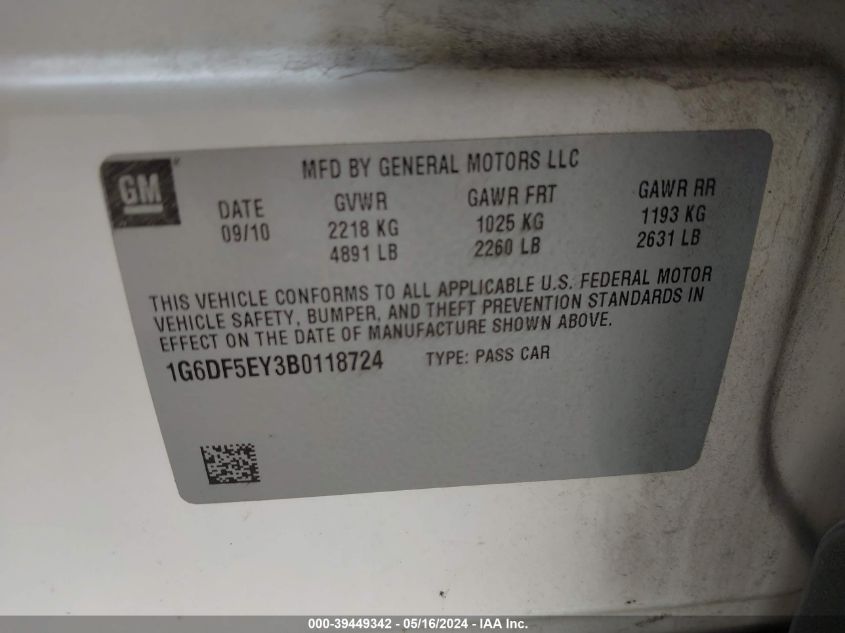 2011 Cadillac Cts Luxury VIN: 1G6DF5EY3B0118724 Lot: 39449342