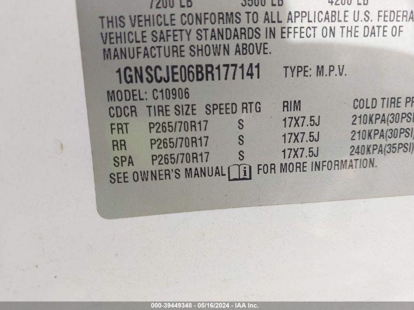 2011 Chevrolet Suburban 1500 Lt1 VIN: 1GNSCJE06BR177141 Lot: 39449348