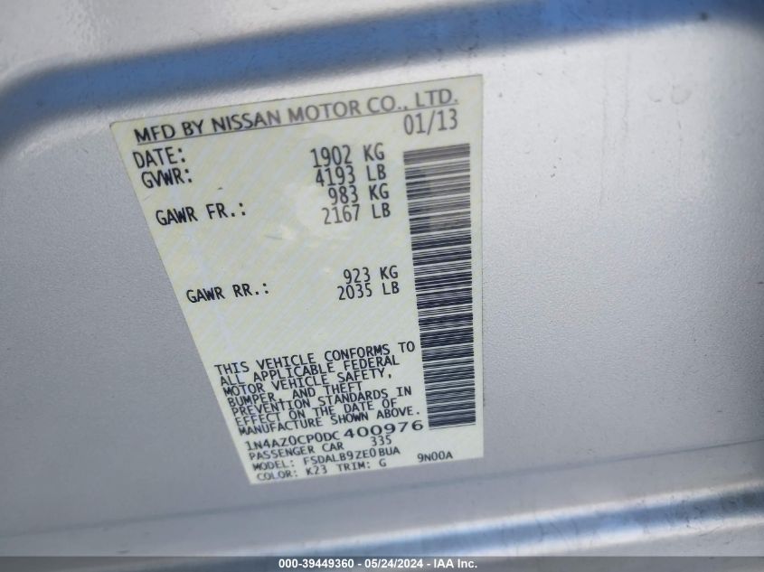 2013 Nissan Leaf S VIN: 1N4AZ0CP0DC400976 Lot: 39449360