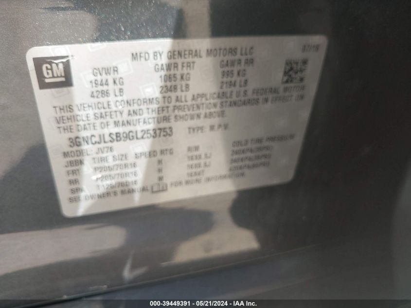 2016 Chevrolet Trax Lt VIN: 3GNCJLSB9GL253753 Lot: 39449391