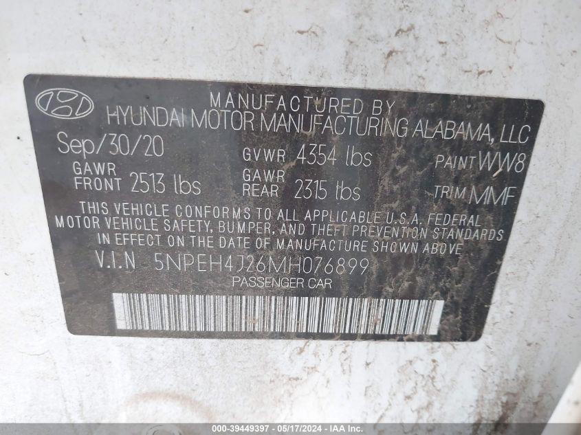 5NPEH4J26MH076899 2021 Hyundai Sonata Limited