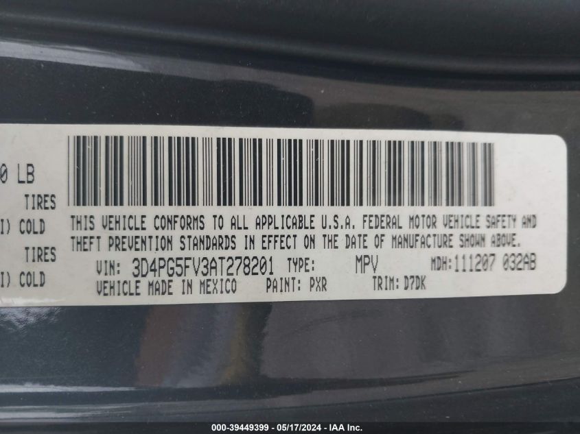 2010 Dodge Journey Sxt VIN: 3D4PG5FV3AT278201 Lot: 39449399