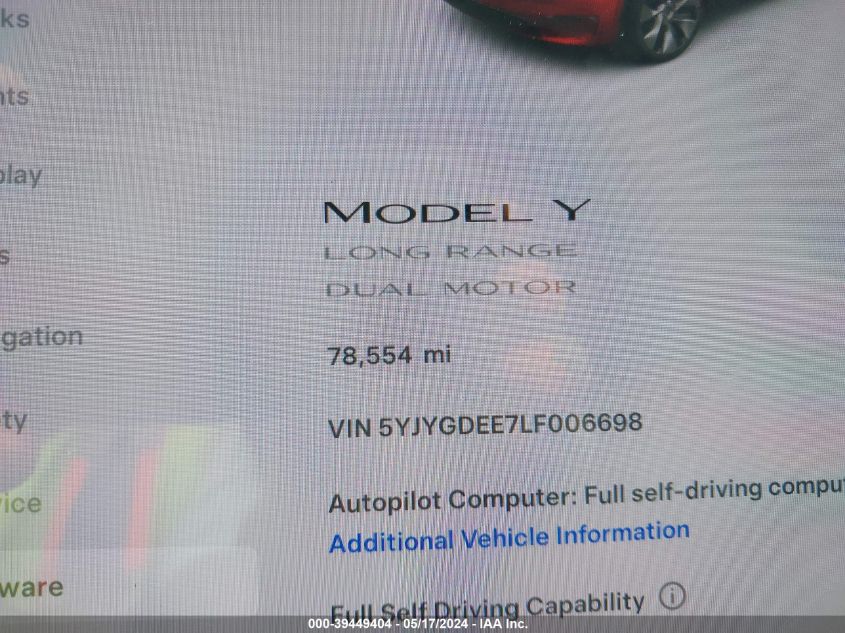 2020 Tesla Model Y Long Range Dual Motor All-Wheel Drive VIN: 5YJYGDEE7LF006698 Lot: 39449404