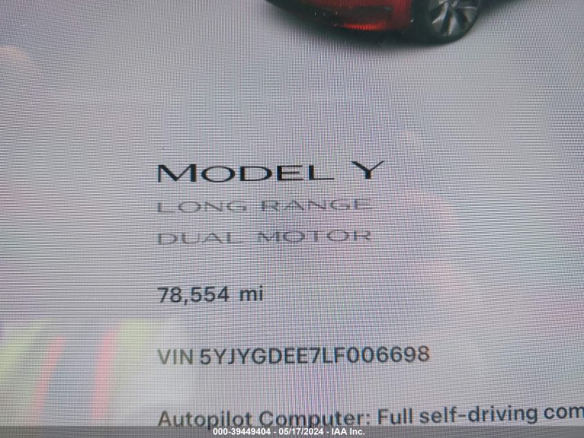 2020 Tesla Model Y Long Range Dual Motor All-Wheel Drive VIN: 5YJYGDEE7LF006698 Lot: 39449404