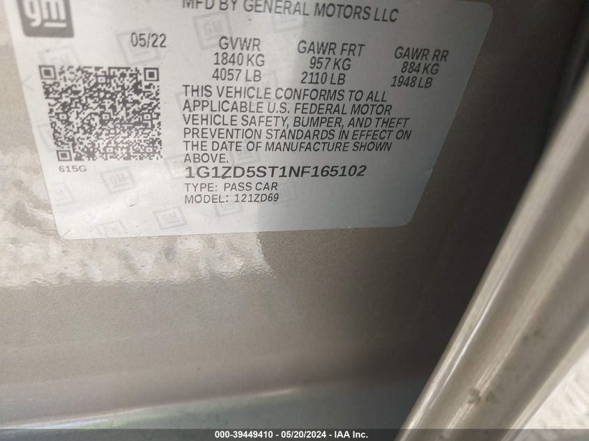 2022 CHEVROLET MALIBU FWD LT - 1G1ZD5ST1NF165102