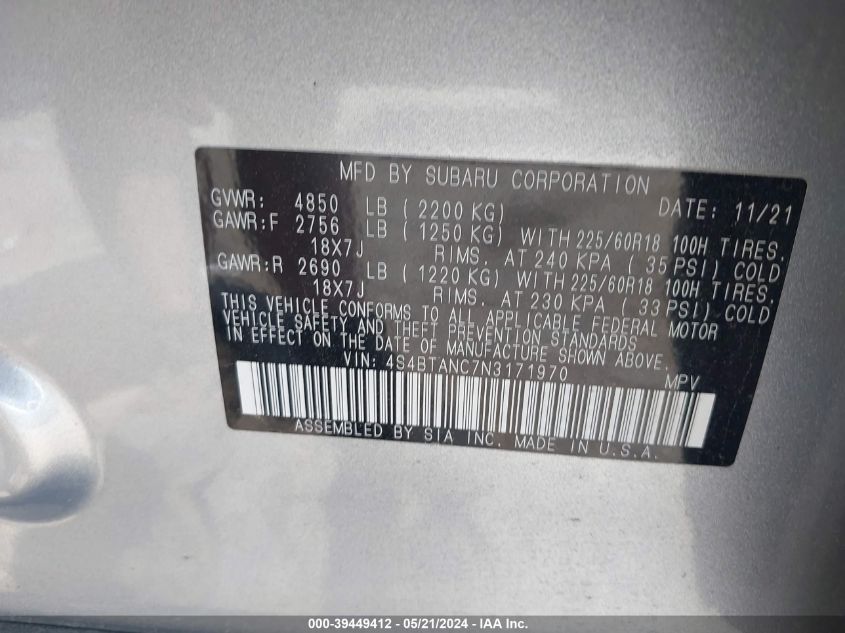 2022 Subaru Outback Limited VIN: 4S4BTANC7N3171970 Lot: 39449412