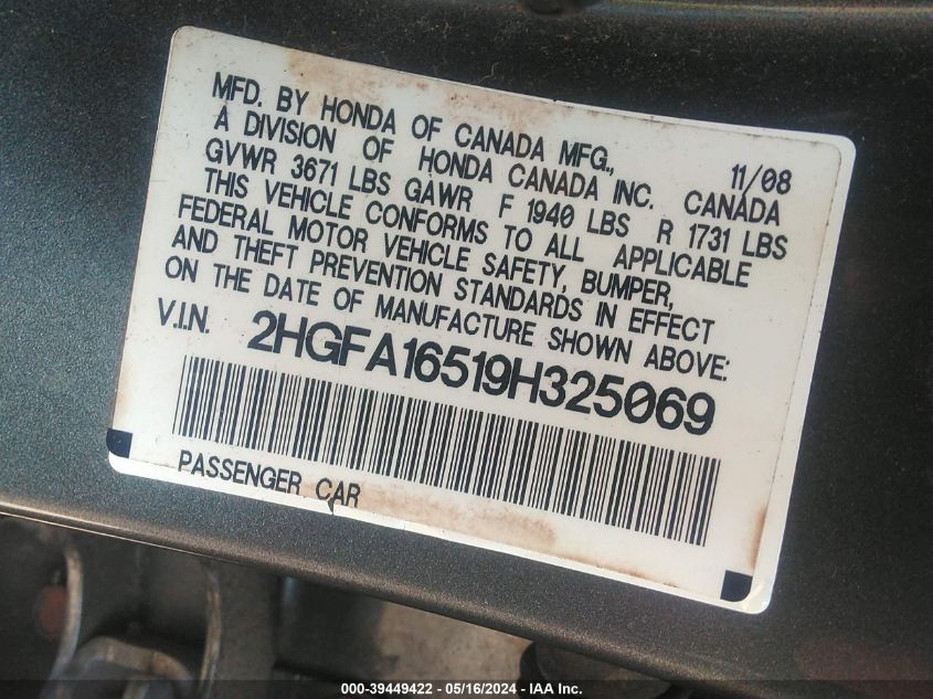 2009 Honda Civic Lx VIN: 2HGFA16519H325069 Lot: 39449422