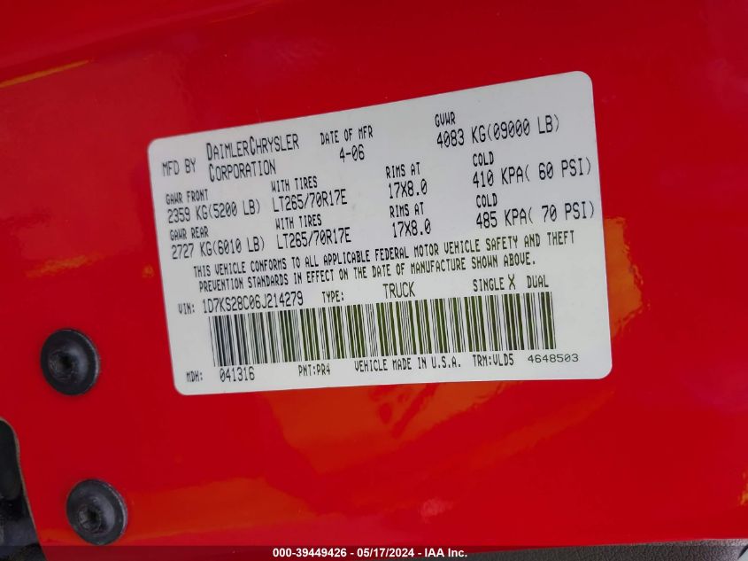 2006 Dodge Ram 2500 Laramie VIN: 1D7KS28C06J214279 Lot: 39449426