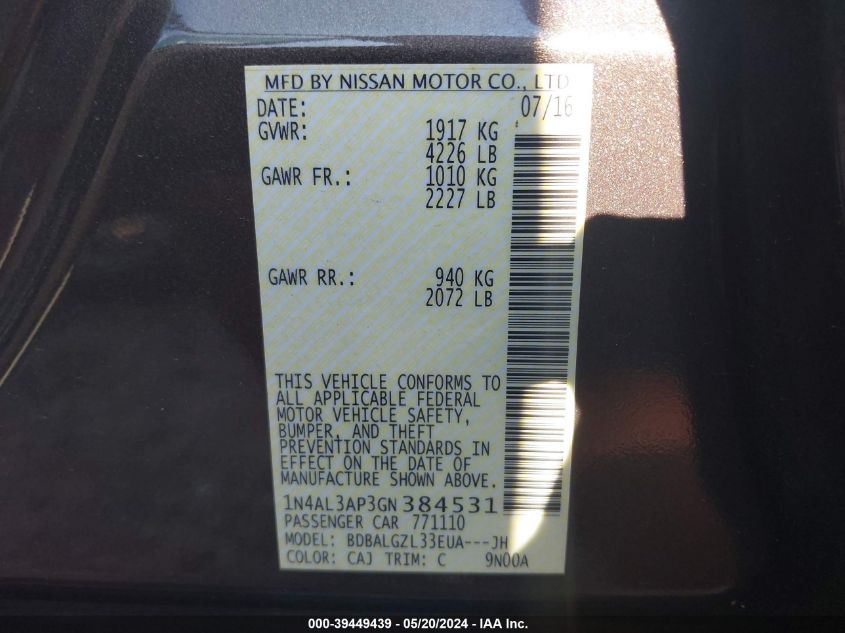 2016 Nissan Altima 2.5 S VIN: 1N4AL3AP3GN384531 Lot: 39449439