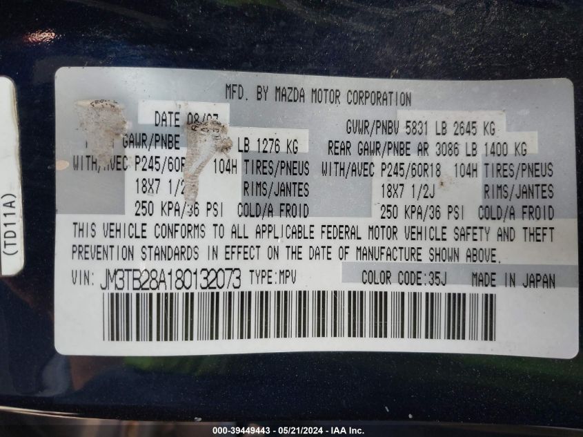 2008 Mazda Cx-9 Sport VIN: JM3TB28A180132073 Lot: 39449443