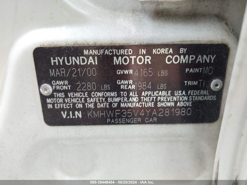 2000 Hyundai Sonata Gls V6 VIN: KMHWF35V4YA281980 Lot: 39449454