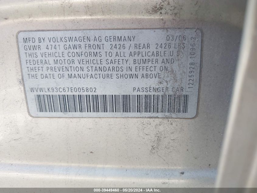 2007 Volkswagen Passat 2.0T VIN: WVWLK93C67E005802 Lot: 39449460