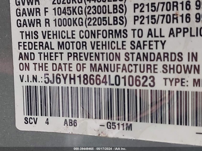 2004 Honda Element Ex VIN: 5J6YH18664L010623 Lot: 39449465
