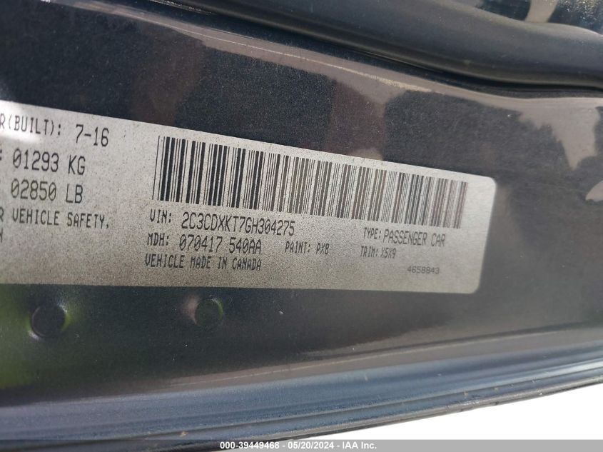 2016 Dodge Charger Police VIN: 2C3CDXKT7GH304275 Lot: 39449468