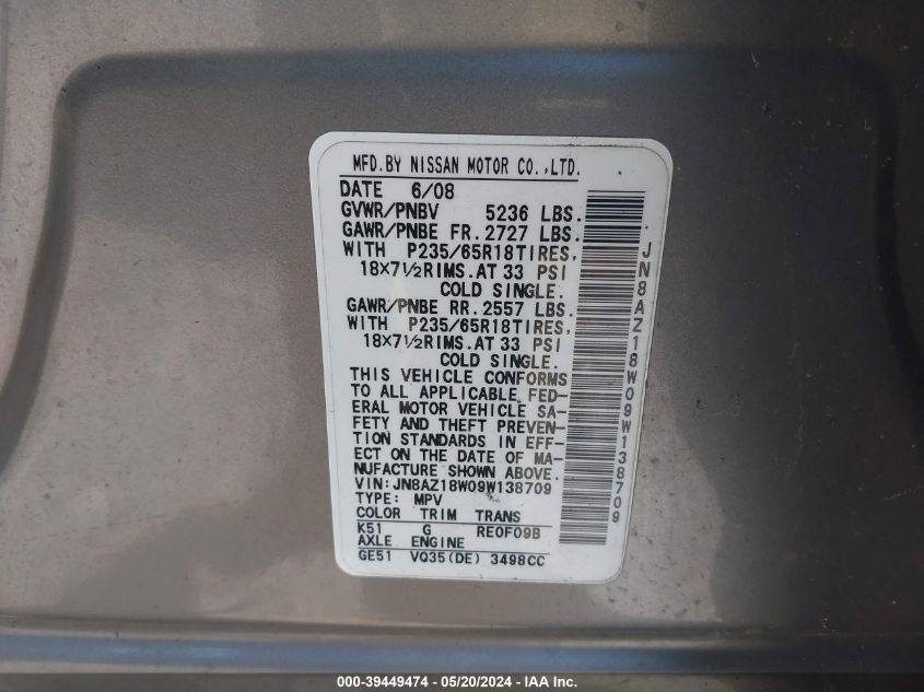 2009 Nissan Murano S/Sl/Le VIN: JN8AZ18W09W138709 Lot: 39449474