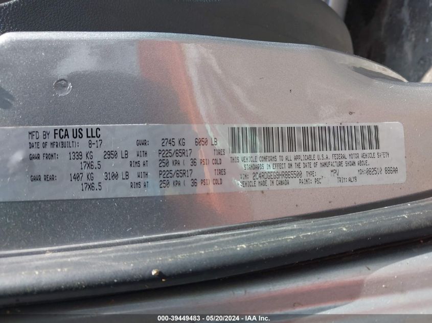 2017 Dodge Grand Caravan Gt VIN: 2C4RDGEG9HR865500 Lot: 39449483