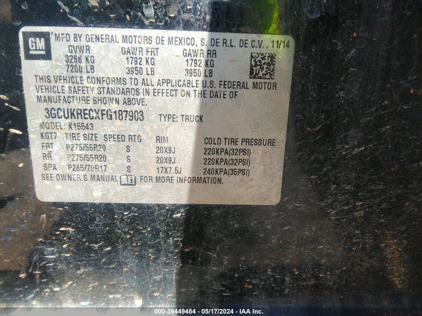 2015 Chevrolet Silverado 1500 1Lt VIN: 3GCUKRECXFG187903 Lot: 39449484