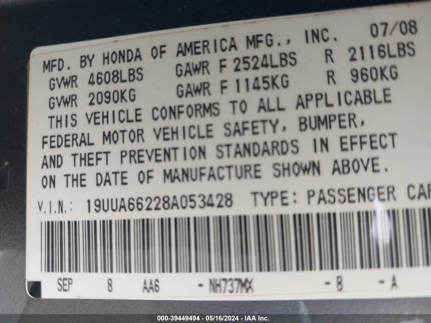 2008 Acura Tl 3.2 VIN: 19UUA66228A053428 Lot: 39449494