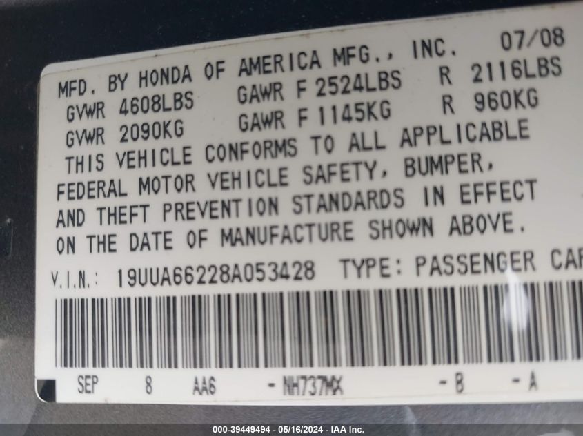 2008 Acura Tl 3.2 VIN: 19UUA66228A053428 Lot: 39449494