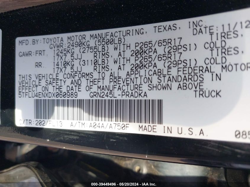 2013 Toyota Tacoma Double Cab VIN: 5TFLU4ENXDX060989 Lot: 39449496